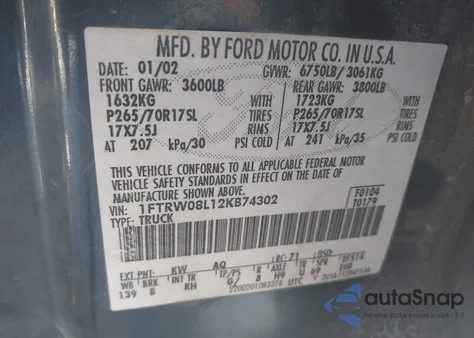 2002 Ford F-150 Lariat/Xlt из США, поврежденный, VIN 1FTRW08L12KB74302